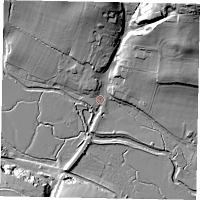 Shaded relief map of the ground around RH201EP, computed from Environment Agency LiDAR. The ground here sits at about 6 m above sea level and falls 40 m across the surrounding 800 m. Surface water reaching this point runs off ground lying to the north, 25.3 m higher.