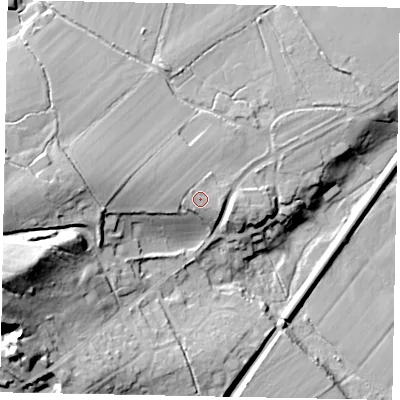 Shaded relief map of the ground around RH201FD, computed from Environment Agency LiDAR. The ground here sits at about 15 m above sea level and falls 41 m across the surrounding 800 m. Surface water reaching this point runs off ground lying to the north-west, 1.3 m higher.