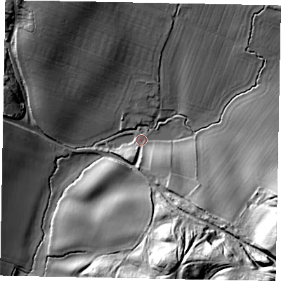 Shaded relief map of the ground around RH201JS, computed from Environment Agency LiDAR. The ground here sits at about 25 m above sea level and falls 46 m across the surrounding 800 m. Surface water reaching this point runs off ground lying to the south-east, 35.9 m higher.