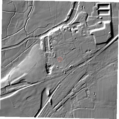 Shaded relief map of the ground around RH201LA, computed from Environment Agency LiDAR. The ground here sits at about 9 m above sea level and falls 14 m across the surrounding 800 m. Surface water reaching this point runs off ground lying to the south-east, 2.7 m higher.