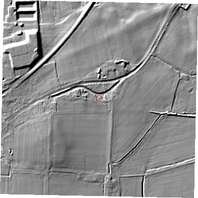 Shaded relief map of the ground around RH201LB, computed from Environment Agency LiDAR. The ground here sits at about 6 m above sea level and falls 12 m across the surrounding 800 m. Surface water reaching this point runs off ground lying to the south-west, 5.9 m higher.