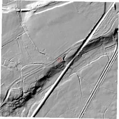 Shaded relief map of the ground around RH201LD, computed from Environment Agency LiDAR. The ground here sits at about 10 m above sea level and falls 15 m across the surrounding 800 m. Surface water reaching this point runs off ground lying to the west-south-west, 5.1 m higher.