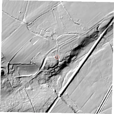 Shaded relief map of the ground around RH201LF, computed from Environment Agency LiDAR. The ground here sits at about 12 m above sea level and falls 26 m across the surrounding 800 m. Surface water reaching this point runs off ground lying to the west-south-west, 5.3 m higher.