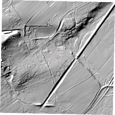 Shaded relief map of the ground around RH201LJ, computed from Environment Agency LiDAR. The ground here sits at about 10 m above sea level and falls 38 m across the surrounding 800 m. Surface water reaching this point runs off ground lying to the south-south-west, 6.2 m higher.