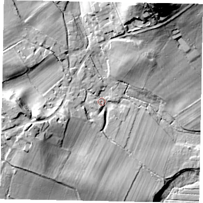 Shaded relief map of the ground around RH201NG, computed from Environment Agency LiDAR. The ground here sits at about 8 m above sea level and falls 40 m across the surrounding 800 m. Surface water reaching this point runs off ground lying to the west-south-west, 20.0 m higher.