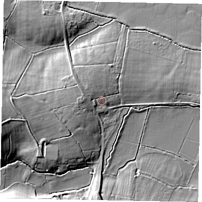 Shaded relief map of the ground around RH201NP, computed from Environment Agency LiDAR. The ground here sits at about 7 m above sea level and falls 16 m across the surrounding 800 m. Surface water reaching this point runs off ground lying to the west, 3.1 m higher.