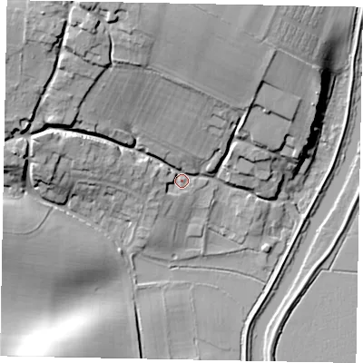Shaded relief map of the ground around RH201PB, computed from Environment Agency LiDAR. The ground here sits at about 7 m above sea level and falls 26 m across the surrounding 800 m. Surface water reaching this point runs off ground lying to the north-north-west, 21.6 m higher.