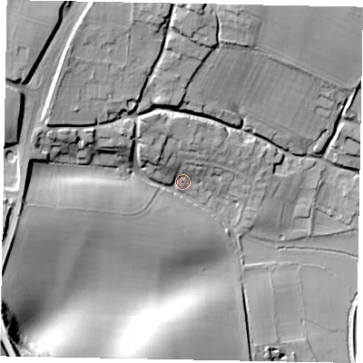 Shaded relief map of the ground around RH201PD, computed from Environment Agency LiDAR. The ground here sits at about 7 m above sea level and falls 59 m across the surrounding 800 m. Surface water reaching this point runs off ground lying to the west-south-west, 23.6 m higher.
