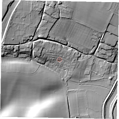 Shaded relief map of the ground around RH201PE, computed from Environment Agency LiDAR. The ground here sits at about 10 m above sea level and falls 36 m across the surrounding 800 m. Surface water reaching this point runs off ground lying to the north-north-west, 5.6 m higher.