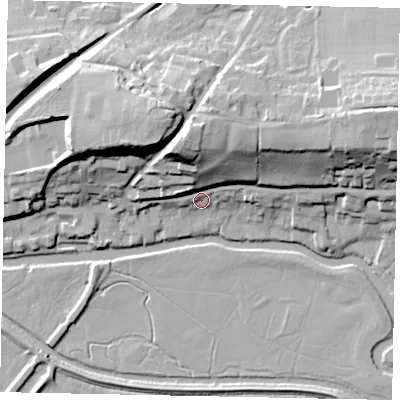 Shaded relief map of the ground around RH202BH, computed from Environment Agency LiDAR. The ground here sits at about 7 m above sea level and falls 30 m across the surrounding 800 m. Surface water reaching this point runs off ground lying to the east-north-east, 22.7 m higher.
