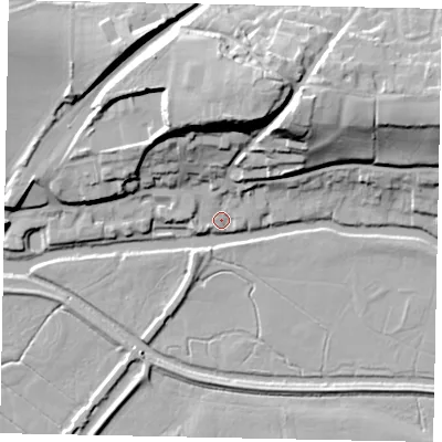 Shaded relief map of the ground around RH202BJ, computed from Environment Agency LiDAR. The ground here sits at about 4 m above sea level and falls 29 m across the surrounding 800 m. Surface water reaching this point runs off ground lying to the north-north-east, 27.7 m higher.