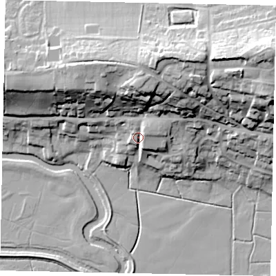 Shaded relief map of the ground around RH202BS, computed from Environment Agency LiDAR. The ground here sits at about 12 m above sea level and falls 42 m across the surrounding 800 m. Surface water reaching this point runs off ground lying to the north-east, 7.5 m higher.