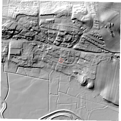 Shaded relief map of the ground around RH202DA, computed from Environment Agency LiDAR. The ground here sits at about 12 m above sea level and falls 47 m across the surrounding 800 m. Surface water reaching this point runs off ground lying to the north-north-east, 22.4 m higher.