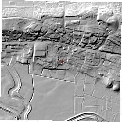Shaded relief map of the ground around RH202DB, computed from Environment Agency LiDAR. The ground here sits at about 9 m above sea level and falls 47 m across the surrounding 800 m. Surface water reaching this point runs off ground lying to the north, 26.7 m higher.