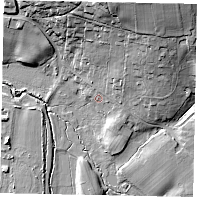 Shaded relief map of the ground around RH202EE, computed from Environment Agency LiDAR. The ground here sits at about 10 m above sea level and falls 38 m across the surrounding 800 m. Surface water reaching this point runs off ground lying to the north-north-east, 32.0 m higher.