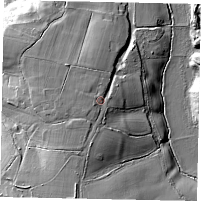 Shaded relief map of the ground around RH202EL, computed from Environment Agency LiDAR. The ground here sits at about 25 m above sea level and falls 30 m across the surrounding 800 m. Surface water reaching this point runs off ground lying to the south-south-west, 5.7 m higher.