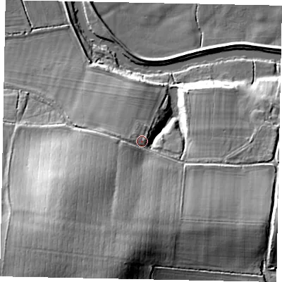 Shaded relief map of the ground around RH202ES, computed from Environment Agency LiDAR. The ground here sits at about 11 m above sea level and falls 26 m across the surrounding 800 m. Surface water reaching this point runs off ground lying to the south-south-west, 16.9 m higher.