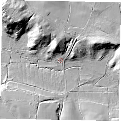 Shaded relief map of the ground around RH202EU, computed from Environment Agency LiDAR. The ground here sits at about 7 m above sea level and falls 32 m across the surrounding 800 m. Surface water reaching this point runs off ground lying to the north-north-west, 21.7 m higher.