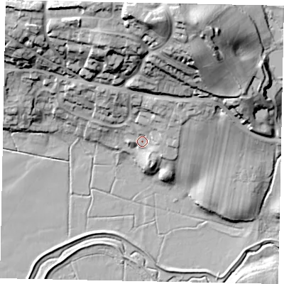 Shaded relief map of the ground around RH202GL, computed from Environment Agency LiDAR. The ground here sits at about 10 m above sea level and falls 47 m across the surrounding 800 m. Surface water reaching this point runs off ground lying to the north-east, 13.7 m higher.