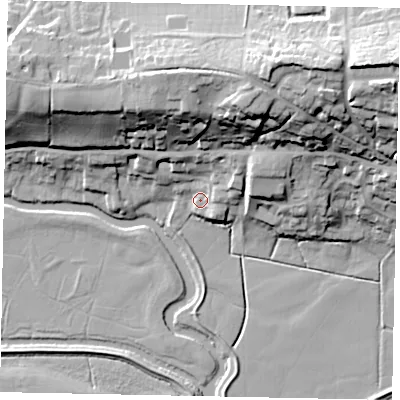 Shaded relief map of the ground around RH202HQ, computed from Environment Agency LiDAR. The ground here sits at about 6 m above sea level and falls 40 m across the surrounding 800 m. Surface water reaching this point runs off ground lying to the north-north-east, 32.1 m higher.