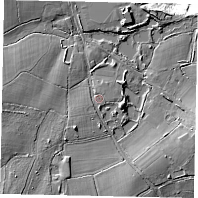 Shaded relief map of the ground around RH202LS, computed from Environment Agency LiDAR. The ground here sits at about 25 m above sea level and falls 28 m across the surrounding 800 m. Surface water reaching this point runs off ground lying to the north-north-west, 1.3 m higher.