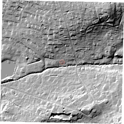 Shaded relief map of the ground around RH202NW, computed from Environment Agency LiDAR. The ground here sits at about 18 m above sea level and falls 40 m across the surrounding 800 m. Surface water reaching this point runs off ground lying to the north-north-east, 27.5 m higher.