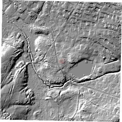 Shaded relief map of the ground around RH202PG, computed from Environment Agency LiDAR. The ground here sits at about 14 m above sea level and falls 29 m across the surrounding 800 m. Surface water reaching this point runs off ground lying to the east, 1.3 m higher.