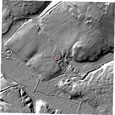 Shaded relief map of the ground around RH202PR, computed from Environment Agency LiDAR. The ground here sits at about 11 m above sea level and falls 32 m across the surrounding 800 m. Surface water reaching this point runs off ground lying to the north-east, 9.6 m higher.