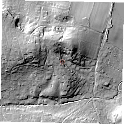 Shaded relief map of the ground around RH202QU, computed from Environment Agency LiDAR. The ground here sits at about 39 m above sea level and falls 36 m across the surrounding 800 m. Surface water reaching this point runs off ground lying to the north-north-east, 17.6 m higher.