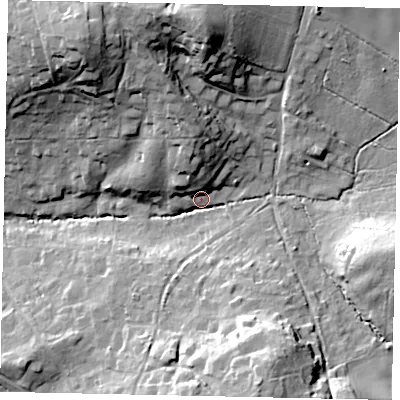 Shaded relief map of the ground around RH202RP, computed from Environment Agency LiDAR. The ground here sits at about 25 m above sea level and falls 35 m across the surrounding 800 m. Surface water reaching this point runs off ground lying to the north, 30.7 m higher.