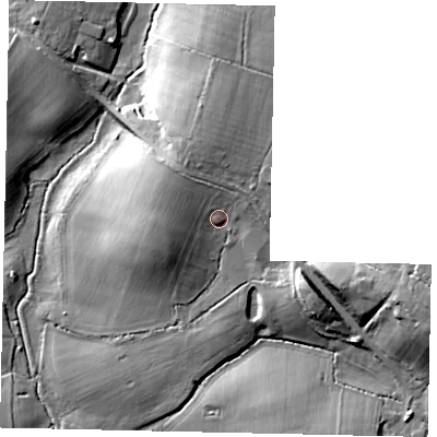 Shaded relief map of the ground around RH203BB, computed from Environment Agency LiDAR. The ground here sits at about 30 m above sea level and falls 24 m across the surrounding 800 m. Surface water reaching this point runs off ground lying to the north-west, 4.5 m higher.