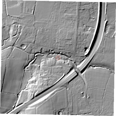 Shaded relief map of the ground around RH203BD, computed from Environment Agency LiDAR. The ground here sits at about 25 m above sea level and falls 20 m across the surrounding 800 m. Surface water reaching this point runs off ground lying to the south-south-west, 14.1 m higher.