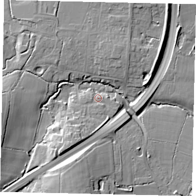 Shaded relief map of the ground around RH203BG, computed from Environment Agency LiDAR. The ground here sits at about 27 m above sea level and falls 20 m across the surrounding 800 m. Surface water reaching this point runs off ground lying to the south-south-west, 12.2 m higher.