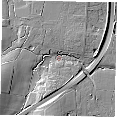 Shaded relief map of the ground around RH203BX, computed from Environment Agency LiDAR. The ground here sits at about 25 m above sea level and falls 20 m across the surrounding 800 m. Surface water reaching this point runs off ground lying to the west-south-west, 18.9 m higher.