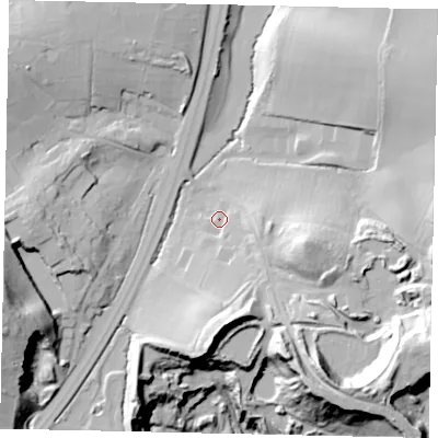 Shaded relief map of the ground around RH203DA, computed from Environment Agency LiDAR. The ground here sits at about 45 m above sea level and falls 57 m across the surrounding 800 m. Surface water reaching this point runs off ground lying to the south-east, 34.8 m higher.