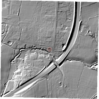 Shaded relief map of the ground around RH203DD, computed from Environment Agency LiDAR. The ground here sits at about 27 m above sea level and falls 20 m across the surrounding 800 m. Surface water reaching this point runs off ground lying to the south-west, 15.1 m higher.