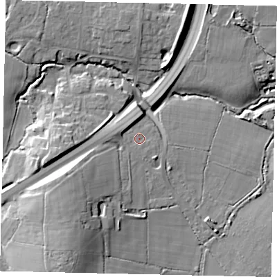 Shaded relief map of the ground around RH203DE, computed from Environment Agency LiDAR. The ground here sits at about 28 m above sea level and falls 23 m across the surrounding 800 m. Surface water reaching this point runs off ground lying to the south-west, 13.5 m higher.