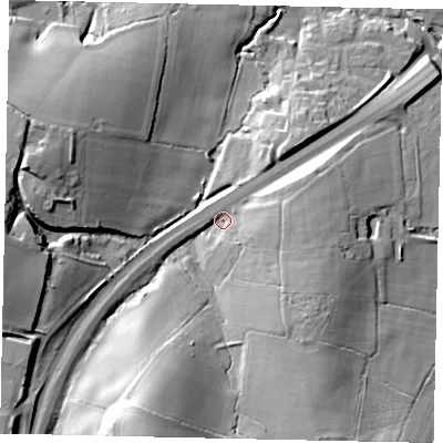 Shaded relief map of the ground around RH203DG, computed from Environment Agency LiDAR. The ground here sits at about 32 m above sea level and falls 32 m across the surrounding 800 m. Surface water reaching this point runs off ground lying to the south-south-west, 23.8 m higher.