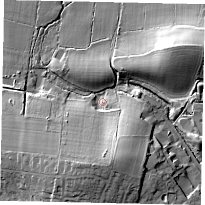 Shaded relief map of the ground around RH203EZ, computed from Environment Agency LiDAR. The ground here sits at about 33 m above sea level and falls 29 m across the surrounding 800 m. Surface water reaching this point runs off ground lying to the south, 24.1 m higher.
