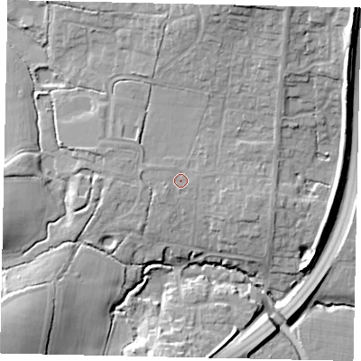 Shaded relief map of the ground around RH203JX, computed from Environment Agency LiDAR. The ground here sits at about 30 m above sea level and falls 21 m across the surrounding 800 m. Surface water reaching this point runs off ground lying to the west-south-west, 1.0 m higher.