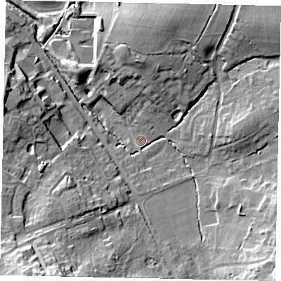Shaded relief map of the ground around RH203NS, computed from Environment Agency LiDAR. The ground here sits at about 38 m above sea level and falls 26 m across the surrounding 800 m. Surface water reaching this point runs off ground lying to the south-east, 17.8 m higher.