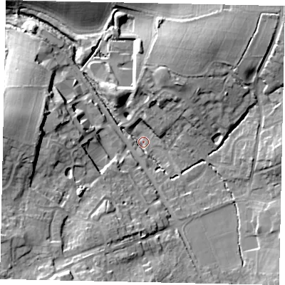 Shaded relief map of the ground around RH203NT, computed from Environment Agency LiDAR. The ground here sits at about 37 m above sea level and falls 22 m across the surrounding 800 m. Surface water reaching this point runs off ground lying to the south, 12.5 m higher.
