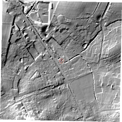 Shaded relief map of the ground around RH203NU, computed from Environment Agency LiDAR. The ground here sits at about 39 m above sea level and falls 35 m across the surrounding 800 m. Surface water reaching this point runs off ground lying to the south-south-west, 20.4 m higher.