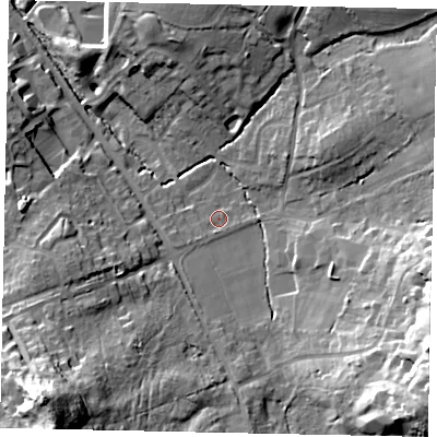 Shaded relief map of the ground around RH203NW, computed from Environment Agency LiDAR. The ground here sits at about 40 m above sea level and falls 38 m across the surrounding 800 m. Surface water reaching this point runs off ground lying to the south-west, 33.8 m higher.