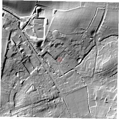 Shaded relief map of the ground around RH203NX, computed from Environment Agency LiDAR. The ground here sits at about 39 m above sea level and falls 21 m across the surrounding 800 m. Surface water reaching this point runs off ground lying to the north-north-east, 6.5 m higher.