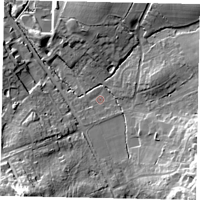 Shaded relief map of the ground around RH203NY, computed from Environment Agency LiDAR. The ground here sits at about 39 m above sea level and falls 38 m across the surrounding 800 m. Surface water reaching this point runs off ground lying to the south-south-west, 24.4 m higher.