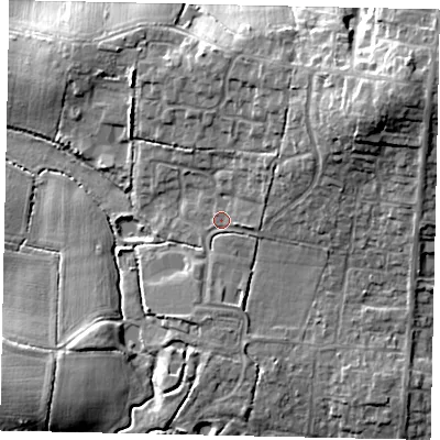 Shaded relief map of the ground around RH203PG, computed from Environment Agency LiDAR. The ground here sits at about 30 m above sea level and falls 18 m across the surrounding 800 m. Surface water reaching this point runs off ground lying to the north-east, 11.8 m higher.
