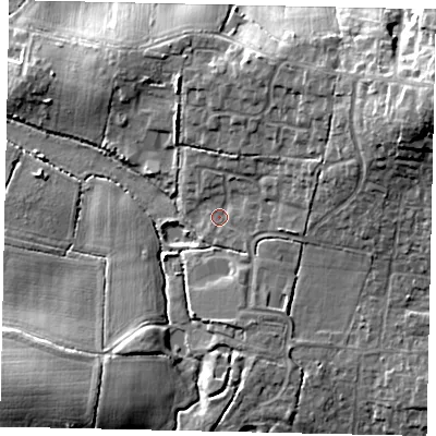 Shaded relief map of the ground around RH203PQ, computed from Environment Agency LiDAR. The ground here sits at about 29 m above sea level and falls 19 m across the surrounding 800 m. Surface water reaching this point runs off ground lying to the east-north-east, 13.0 m higher.