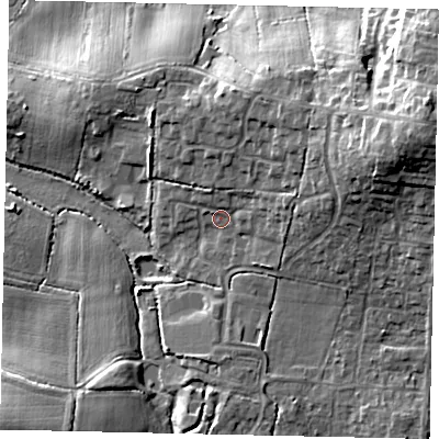 Shaded relief map of the ground around RH203PR, computed from Environment Agency LiDAR. The ground here sits at about 30 m above sea level and falls 19 m across the surrounding 800 m. Surface water reaching this point runs off ground lying to the north-east, 7.0 m higher.