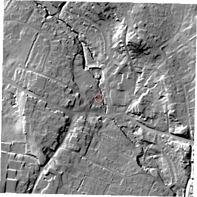 Shaded relief map of the ground around RH204DN, computed from Environment Agency LiDAR. The ground here sits at about 36 m above sea level and falls 29 m across the surrounding 800 m. Surface water reaching this point runs off ground lying to the east-south-east, 21.9 m higher.